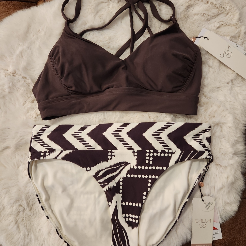 Calia Swimsuit Set Brown Top Printed Bikini Bottom NEW Small/Medium